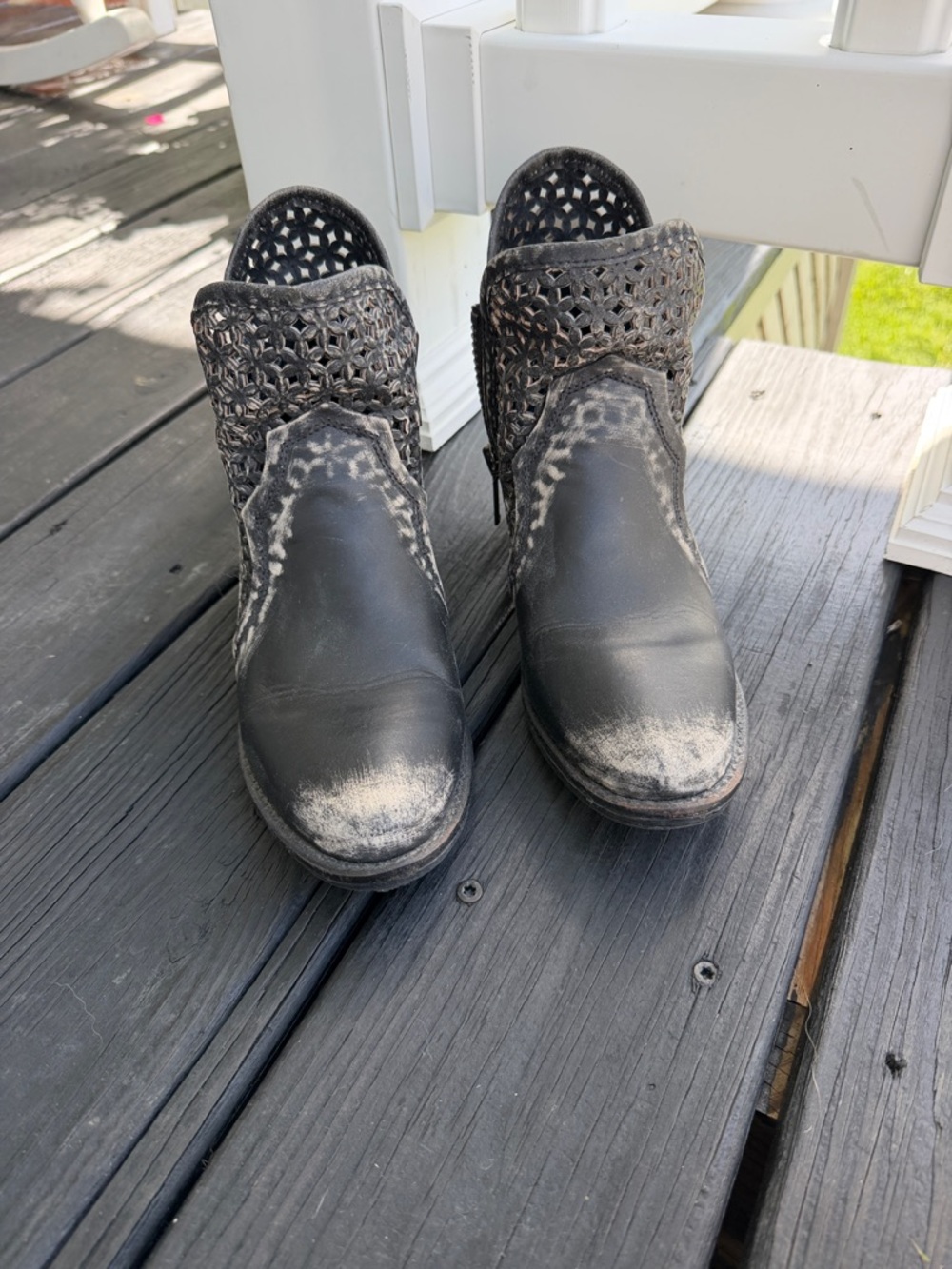 Circle G Black Distressed Laser-Cut Ankle Booties with Woven Cuff